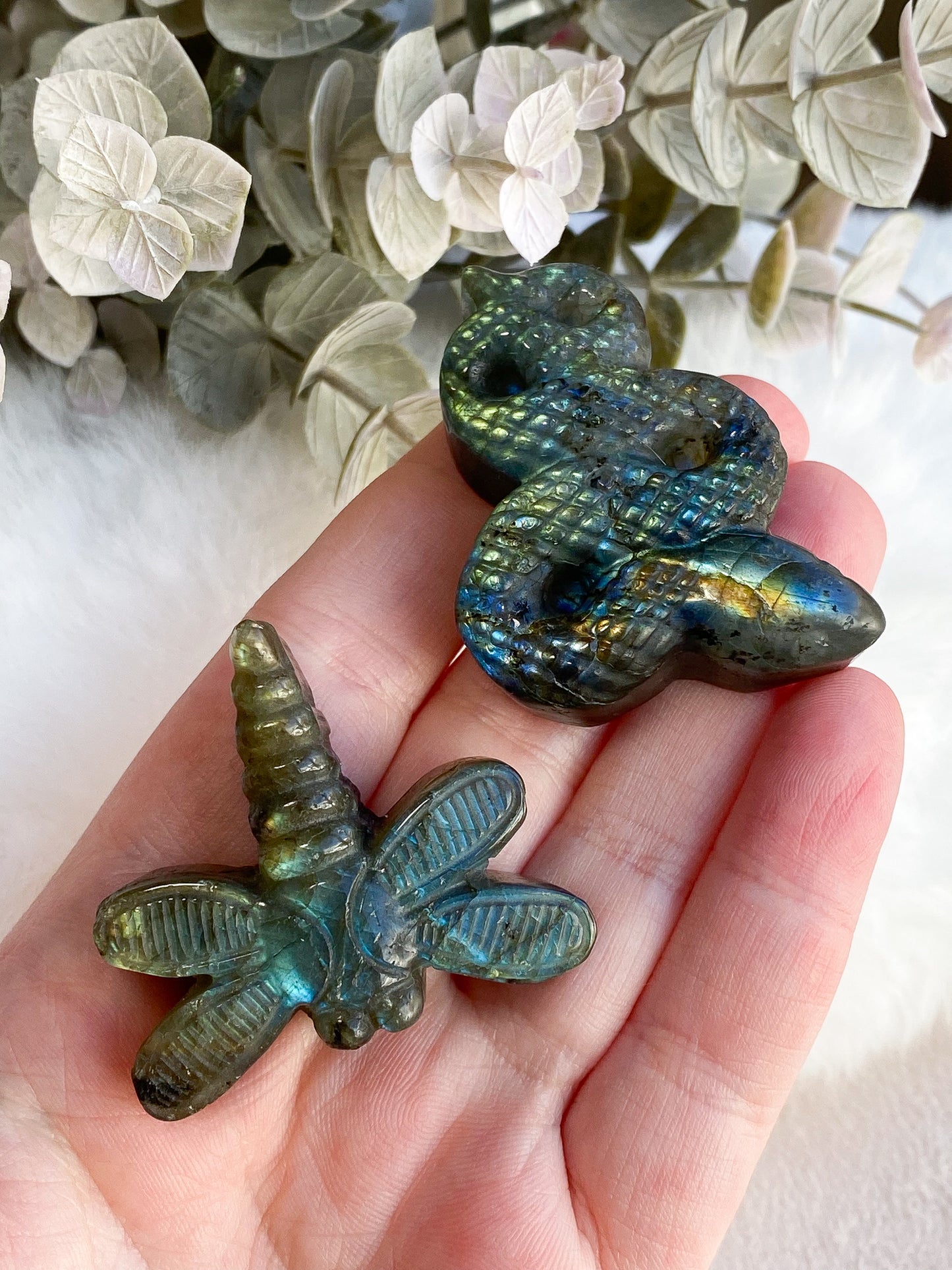 Labadorite Carvings (Snake and Dragonfly)